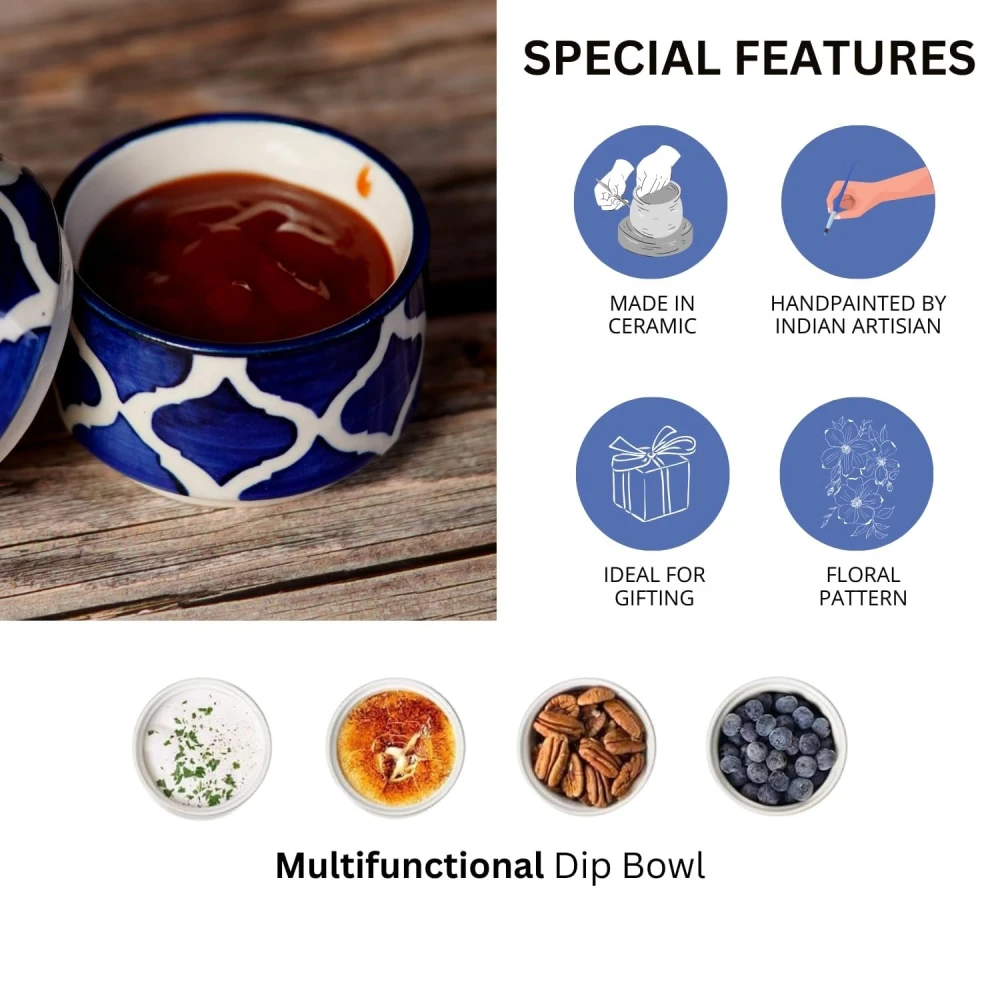 HOUSELA Handpainted Moroccan/Umrao Pattern Ceramic Dip Bowl/Chutney Bowl/Pickle Bowl/Sauce Bowl/Small Katori Set in Round Shape (40 ML, Small, Set of 2 (Blue & White)