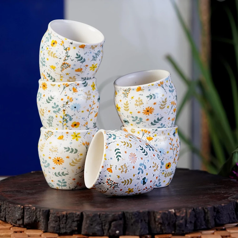 HOUSELA Hand-Painted Ceramic Sun-Floral Art kulhad Set of 6 Cups |kullad Tea Set | kulhad chai Cups | Hand Painted kulhad Coffee Mug, Multicolor((Microwave & Dishwasher Safe)
