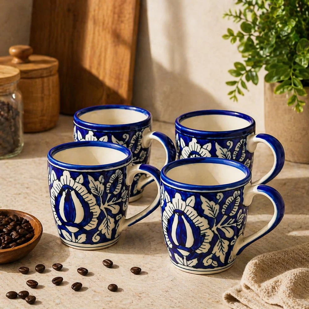 HOUSELA Mugalart Hand-Painted Serving Tea Cups Set Milk Mugs & Ceramic Coffee Mugs Set of 4 (270 ML, Microwave & Dishwasher Safe)