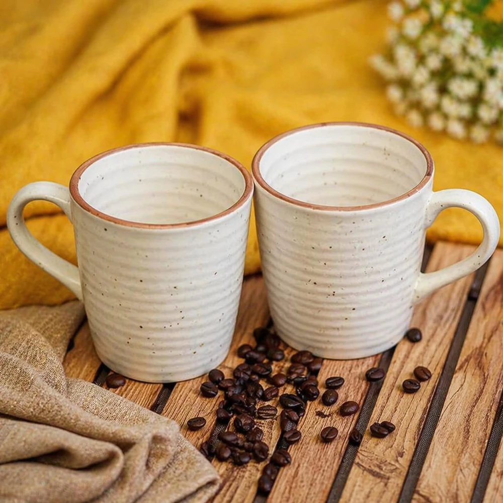 HOUSELA Matty White Hand-Painted Serving Tea Cups Set Milk Mugs & Ceramic Coffee Mugs Set of 2 (270 ML, Microwave & Dishwasher Safe)