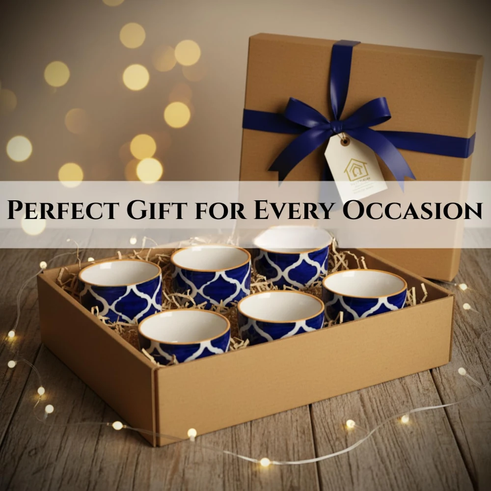 Handcrafted Ceramic Katori Bowl Set of 6, Blue | Moroccan Design Dip & Sauce Bowls | Elegant Stoneware Serving Bowls for Chutney, Pickle, Dips, Desserts & Kitchen Use | Small Bowls Set