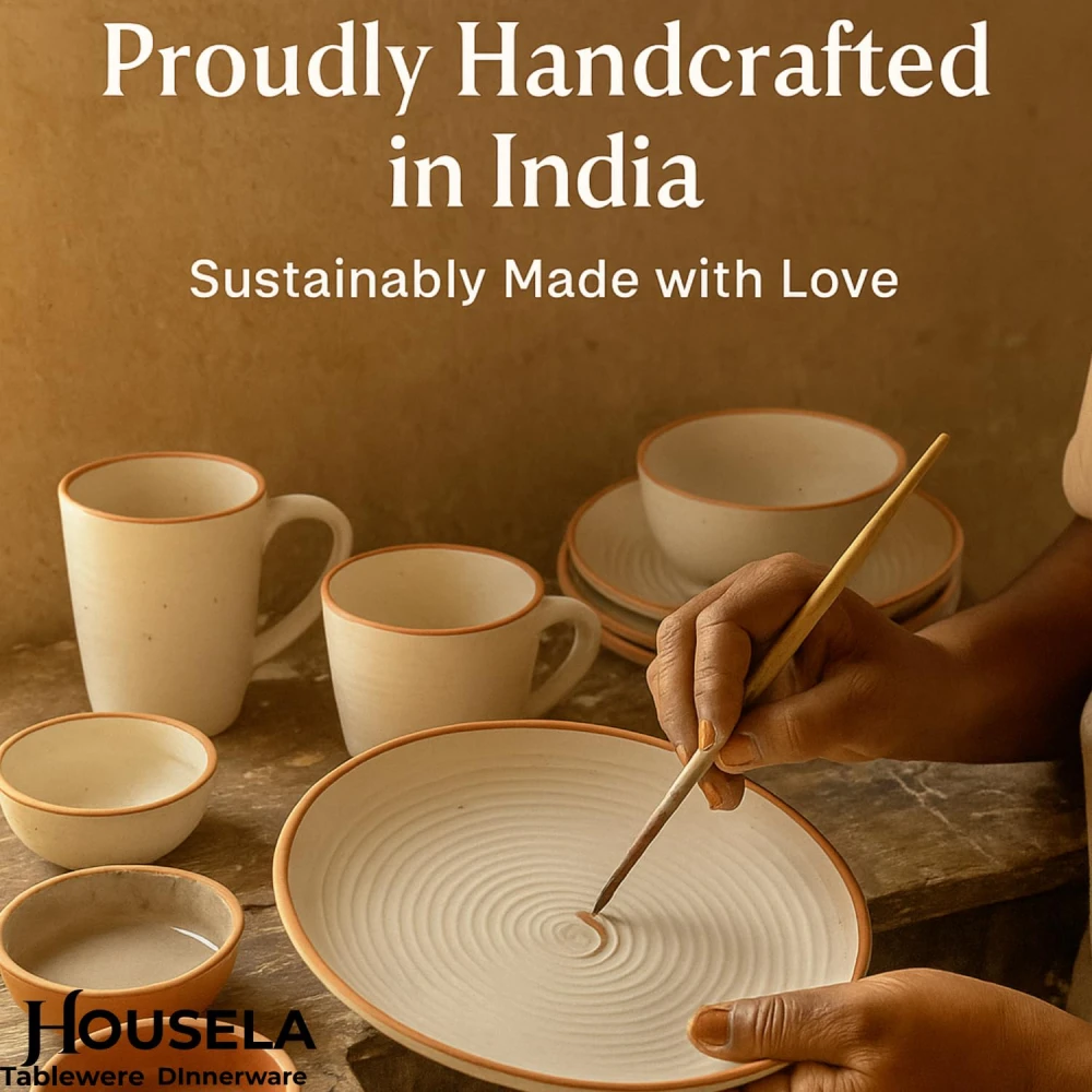 Housela Hand-Painted Ceramic Dinner Set of 6 | 2 Stoneware Dinner Plates 10 Inch, 2 Serving Bowls 180 ml & 2 Dip Bowls 2.4 Inch | Handmade Off-White Tableware | Microwave & Dishwasher Safe