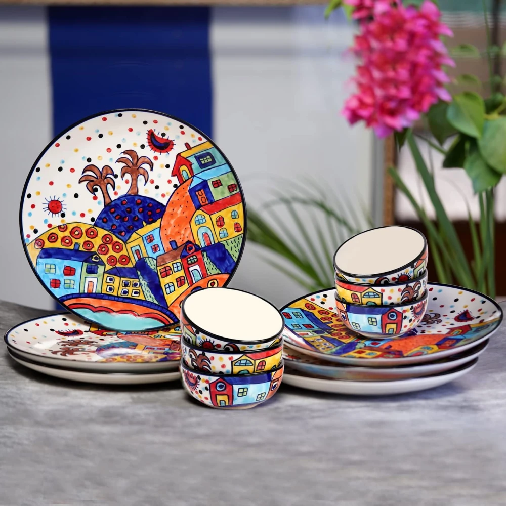 Hut Family Hand-Painted Glossy Dinner Set Ceramic Stoneware Dinner Set of 12 Pieces | 6 Dinner Plate 10.3 Inch & 6 Serving Bowls 180 Ml | Dishwasher & Microwave Safe - Multicolor, Solid