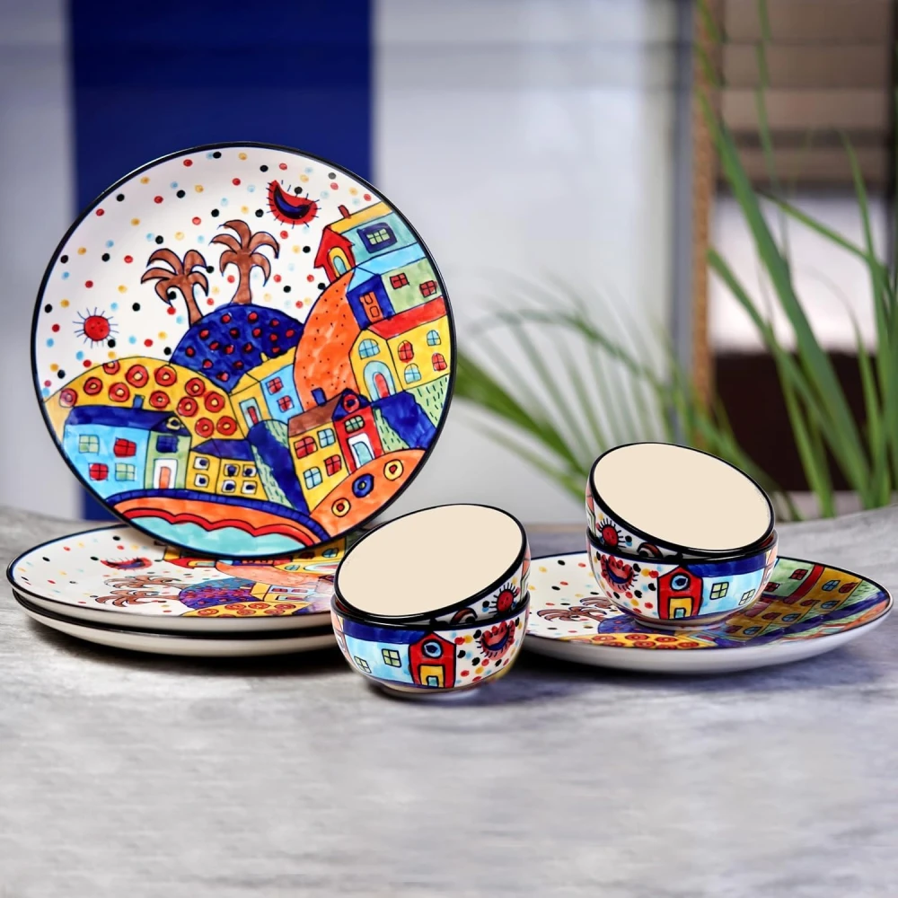 Hut Family Hand-Painted Glossy Dinner Set Ceramic Stoneware Dinner Set of 8 Pieces | 4 Dinner Plate 10.3 Inch & 4 Serving Bowls 180 Ml | Dishwasher & Microwave Safe - Multicolor, Solid