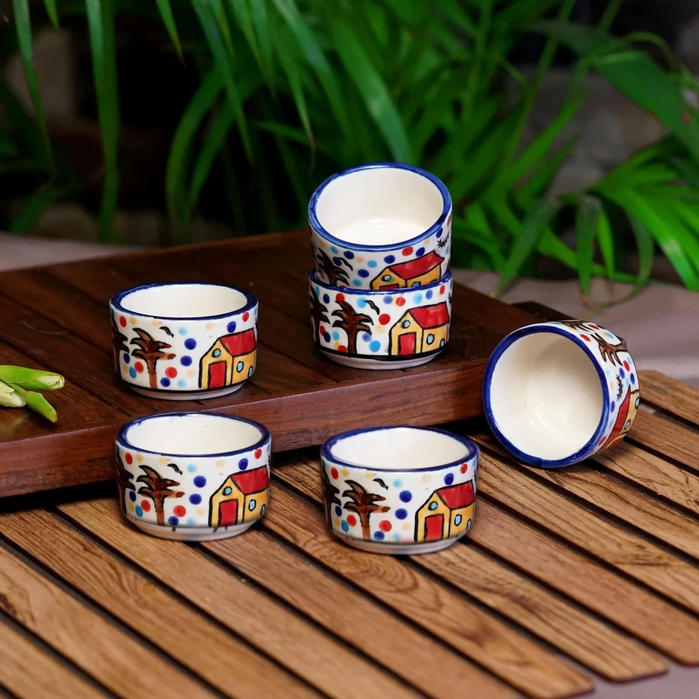 HOUSELA Hand Painted White Ceramic Bowl for Serving Chutney Bowl Sauce Bowl Pickle Bowl Set of 6 Pcs