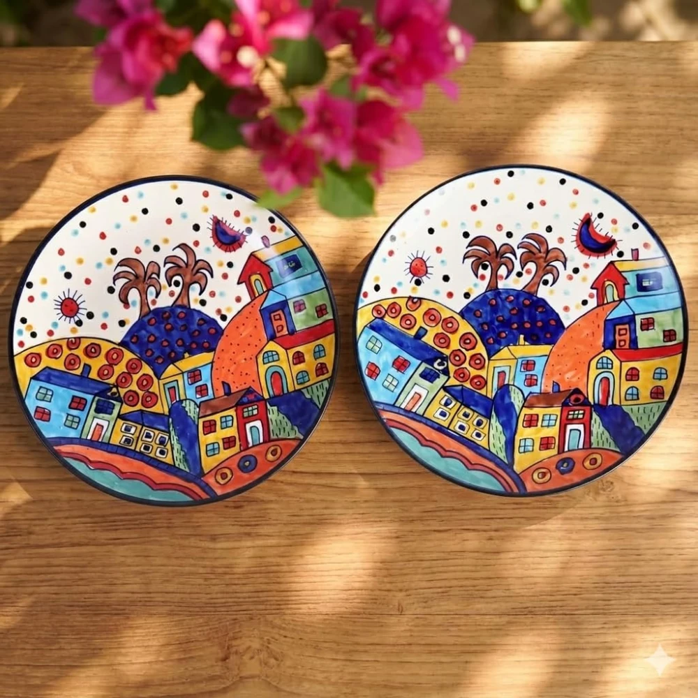 Hut Dining Hand-Painted Stoneware Premium Ceramic 10-inch Dinner Plate Set of 2 Pcs | Bone Ash Free | Microwave and Dishwasher Safe - Multicolor
