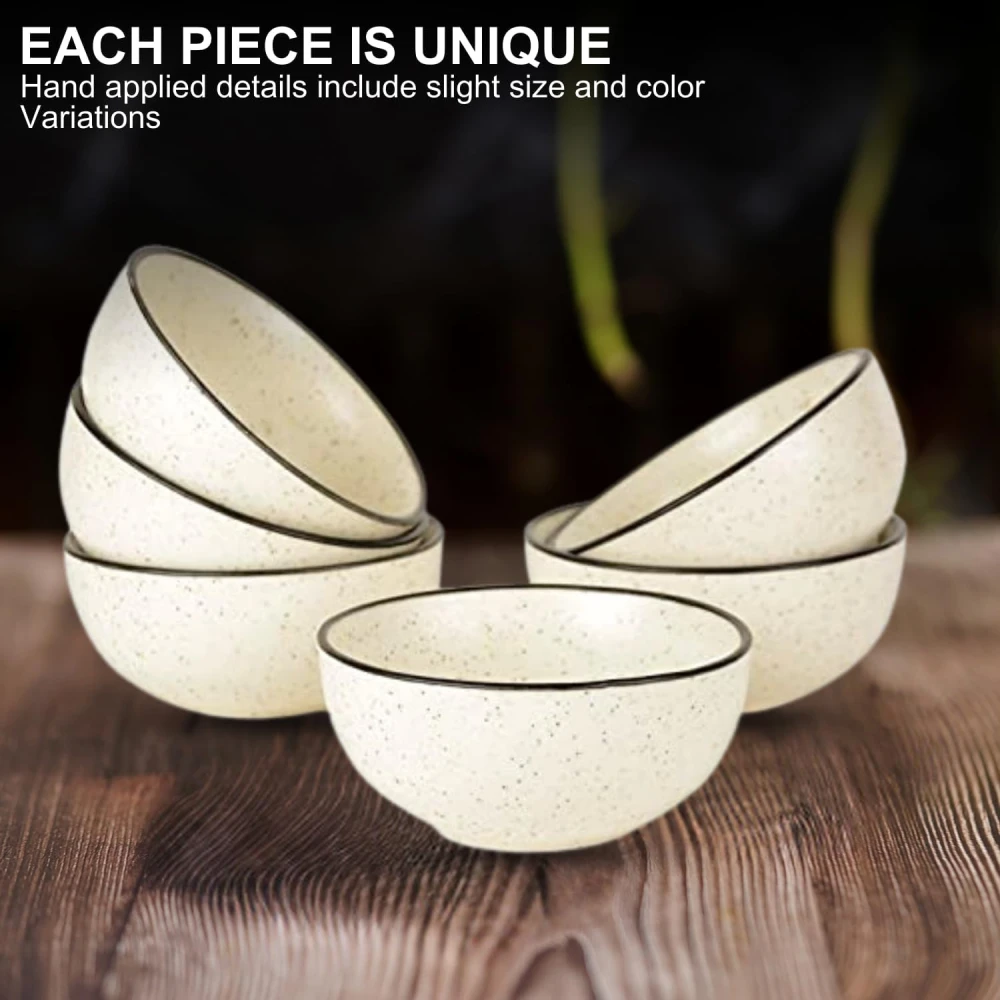 HOUSELA Hand-Painted White Ceramic Black Dotted Speckled Bowl Set of 6 (200ml) | Small Serving Soup Bowls, Cereal Bowl, Pasta Bowls | Dishwasher & Microwave Safe