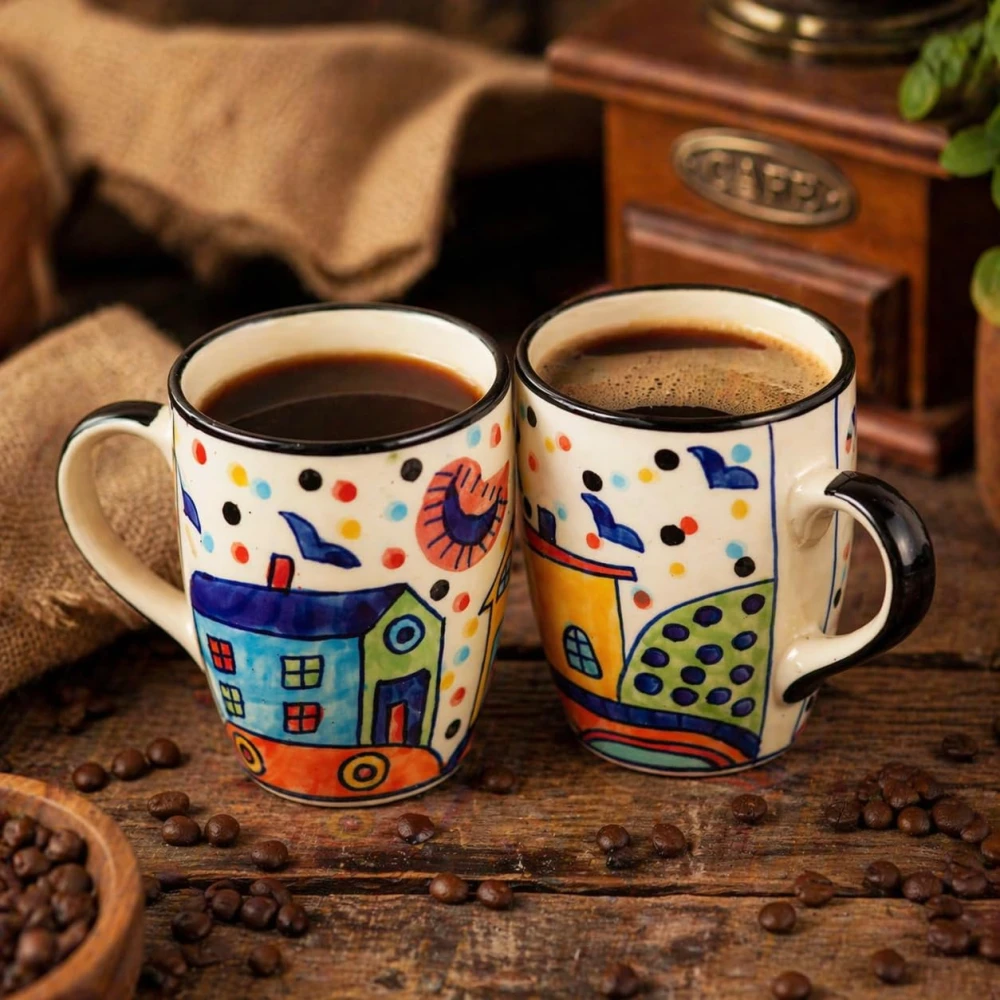 HOUSELA Hut Hand-Painted Serving Tea Cups Set Milk Mugs & Ceramic Coffee Mugs Set of 2 (270 ML, Microwave & Dishwasher Safe)