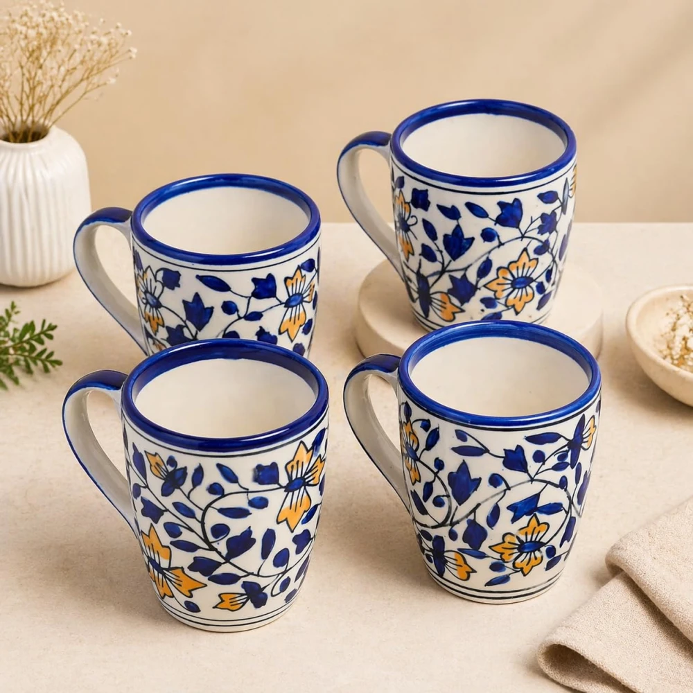 HOUSELA Floural Blue Hand-Painted Serving Tea Cups Set Milk Mugs & Ceramic Coffee Mugs, Set of 4 (270 ML) Microwave & Dishwasher Safe