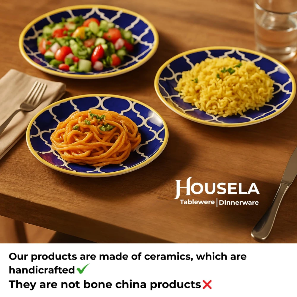 Hand-Painted Stoneware Moroccan Premium Ceramic 10-inch Big Plate Set of 6 Pcs | Bone Ash Free | Microwave and Dishwasher Safe - Blue