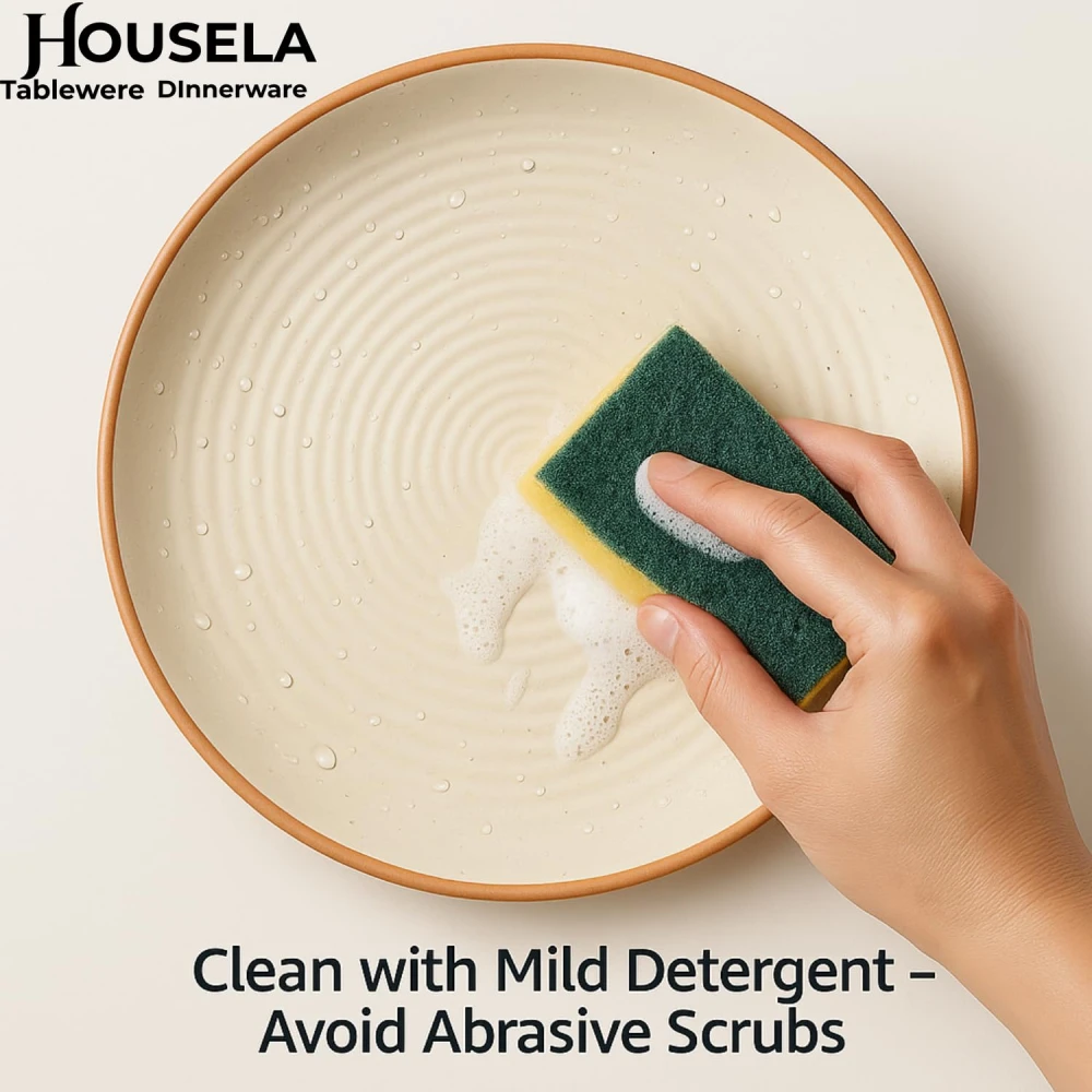 Housela Hand-Painted Ceramic Dinner Set of 6 | 2 Stoneware Dinner Plates 10 Inch, 2 Serving Bowls 180 ml & 2 Dip Bowls 2.4 Inch | Handmade Off-White Tableware | Microwave & Dishwasher Safe