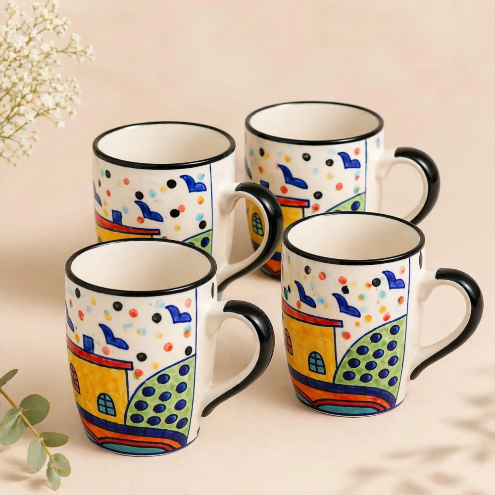 HOUSELA Hut Hand-Painted Serving Tea Cups Set Milk Mugs & Ceramic Coffee Mugs Set of 4 (270 ML, Microwave & Dishwasher Safe)