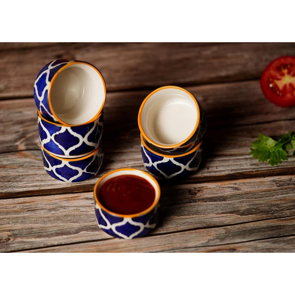 HOUSELA Handpainted Moroccan/Umrao Pattern Ceramic Dip Bowl/Chutney Bowl/Pickle Bowl/Sauce Bowl/Small Katori Set in Round Shape (40 ML, Small, Set of 6 (Blue & White) for home