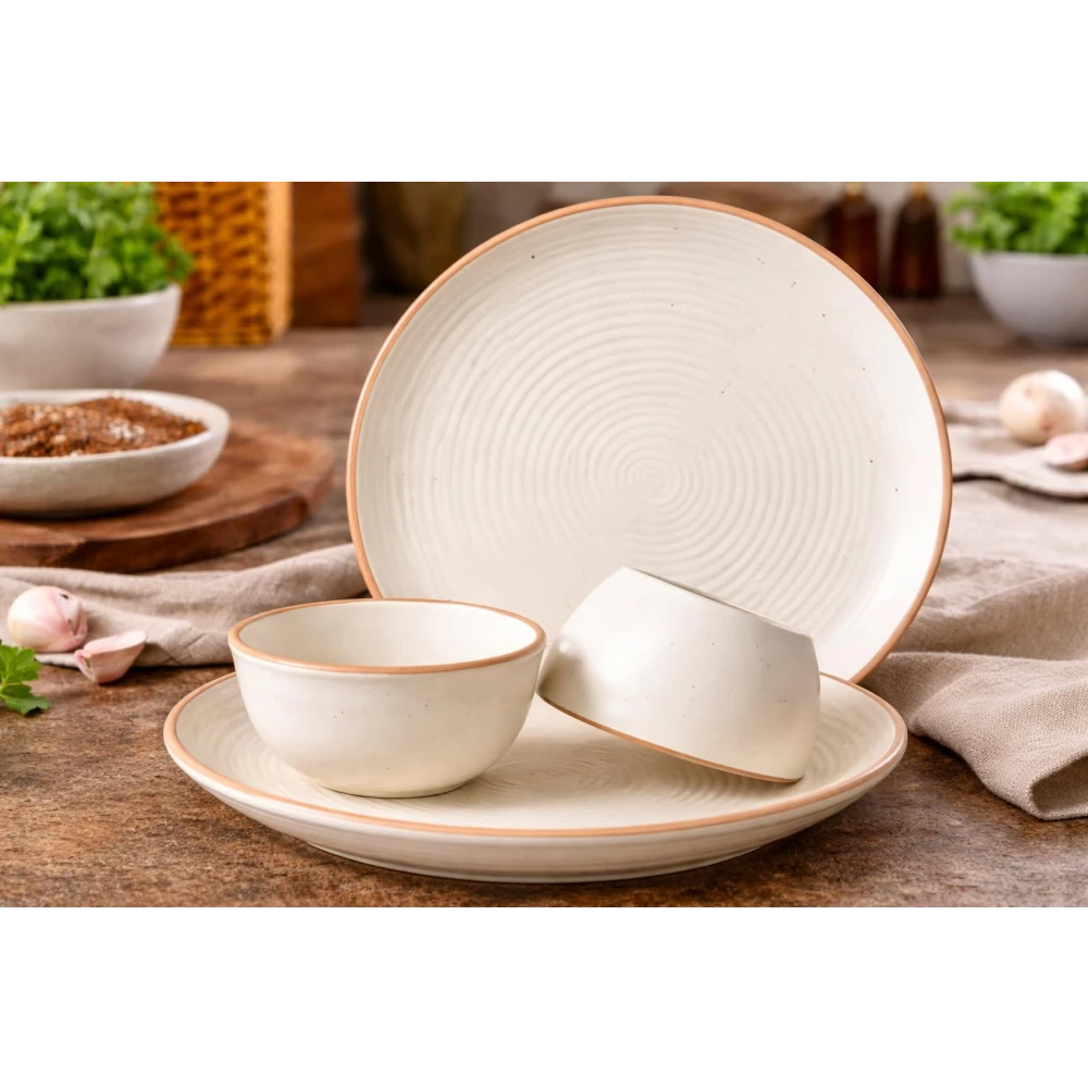 Housela Stoneware Ceramic Solid Dinner Set of 4 Pieces for Dinner with Katoris (4 Pieces, 2 Bowl & 2 Plates, Dishwasher & Microwave Safe)-Dinner Sets Ceramic Bowls Set Dinnerware Sets-Off White