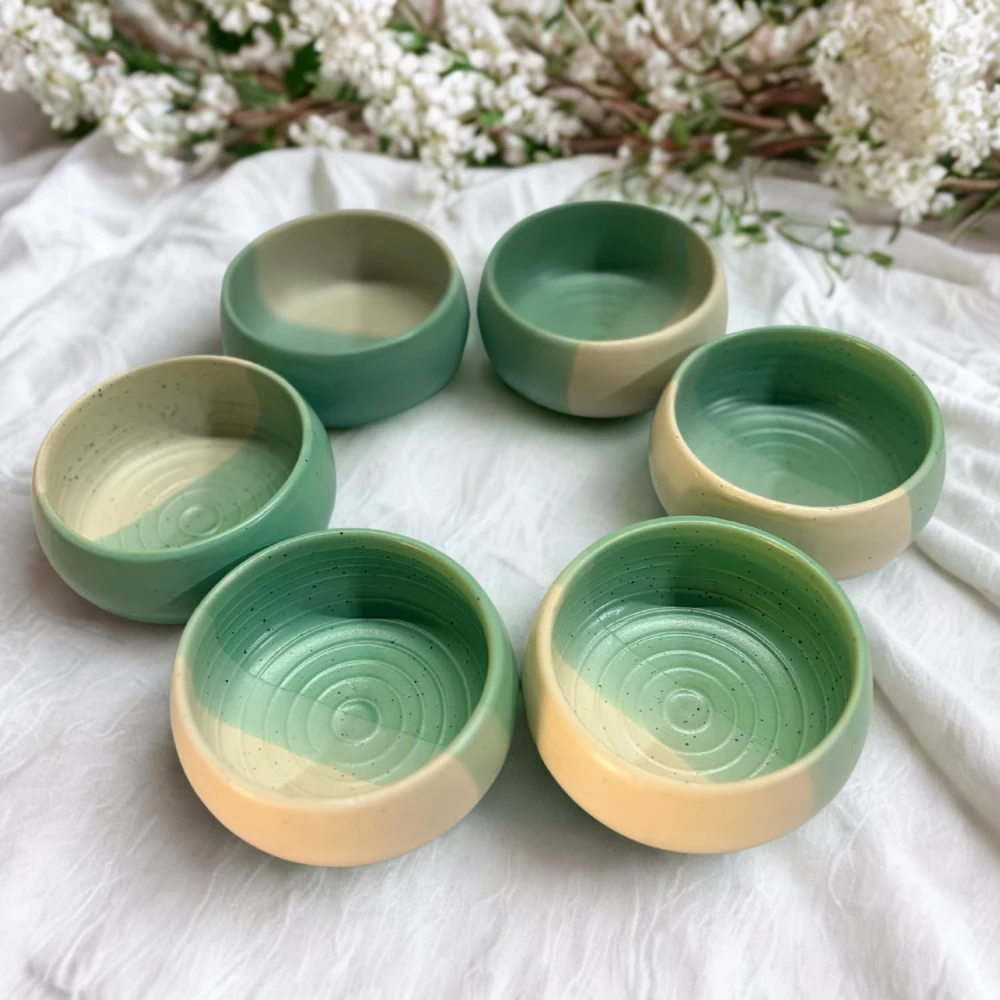 HOUSELA Handcrafted Ceramic Dip Bowls Set of 6 – Dual Tone Green & Beige | Small Serving Bowls for Snacks, Dips & Desserts