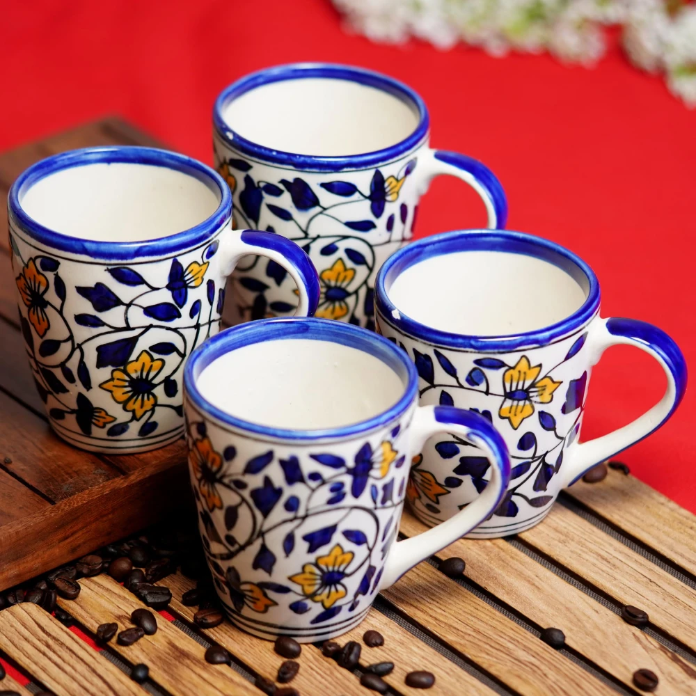 HOUSELA Floural Blue Hand-Painted Serving Tea Cups Set Milk Mugs & Ceramic Coffee Mugs, Set of 4 (270 ML) Microwave & Dishwasher Safe