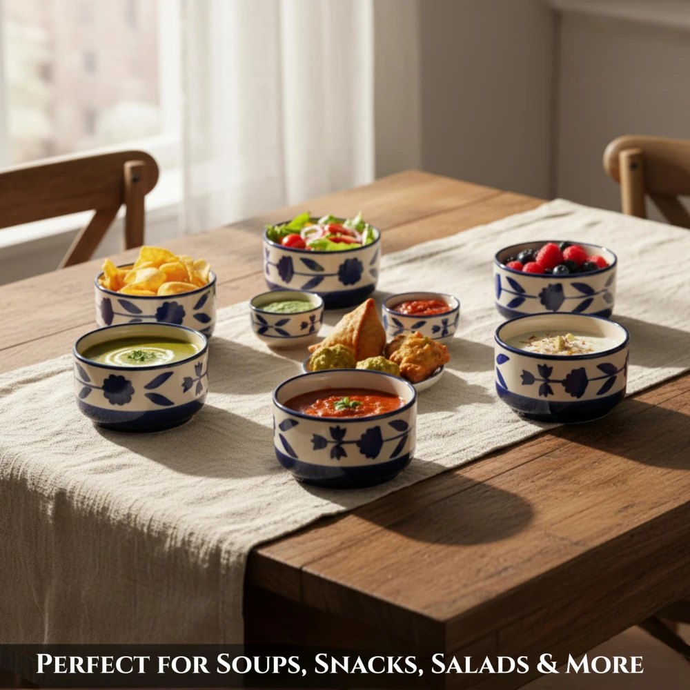 Rudrart Creation Handcrafted Ceramic Serving Bowl Set | Blue Floral Hand-Painted Bowls for Dining & Kitchen Use | Ideal for Serving Snacks, Soups | Microwave & Dishwasher Safe | (Set of 6)