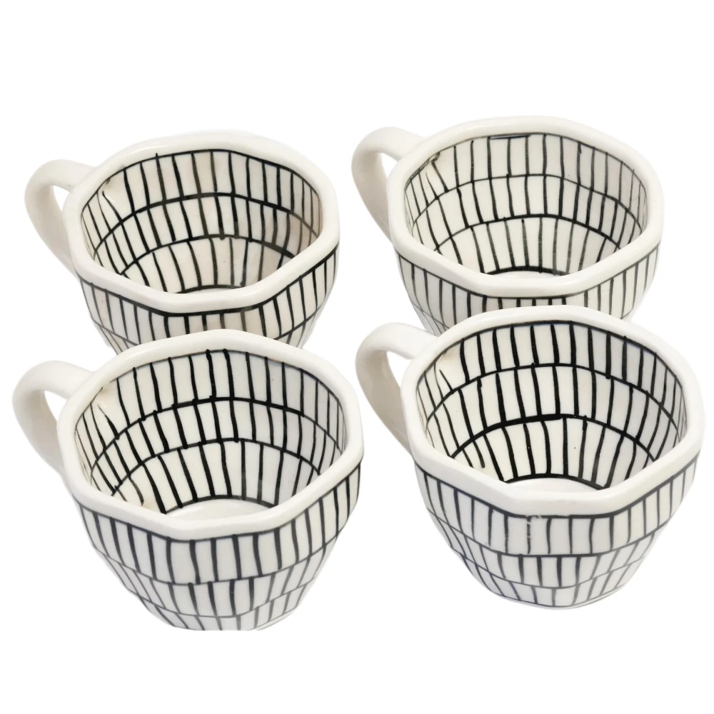 HOUSELA Lineing Hand - Painted Serving Tea Cups Set Milk Mugs & Ceramic Coffee Mugs Set of 4 (300 ML, Microwave & Dishwasher Safe)