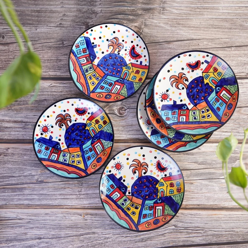 HOUSELA Hut-Handcrafted Hut Dining Quarter Plates Pair Handpainted Ceramic Dinner Plates (7 Inches, 6 Pieces, Microwave & Dishwasher Safe)-Multicolor
