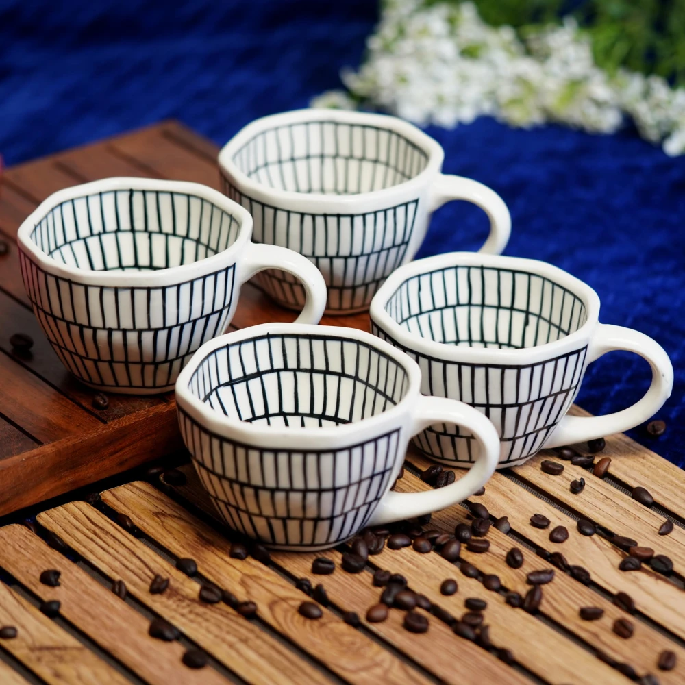 HOUSELA Lineing Hand - Painted Serving Tea Cups Set Milk Mugs & Ceramic Coffee Mugs Set of 4 (300 ML, Microwave & Dishwasher Safe)