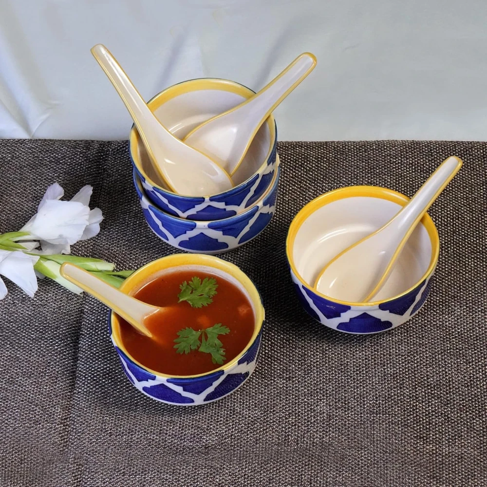 HOUSELA Soupy Floral Handpainted Ceramic Modern Soup Set Bowl with Spoon Microwave Safe Dishwasher Safe (300 ml, Blue & White) -Set of 4