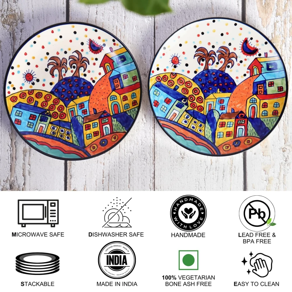 HOUSELA Hut-Handcrafted Hut Dining Quarter Plates Pair Handpainted Ceramic Dinner Plates (7 Inches, 2 Pieces, Microwave & Dishwasher Safe)-Multicolor