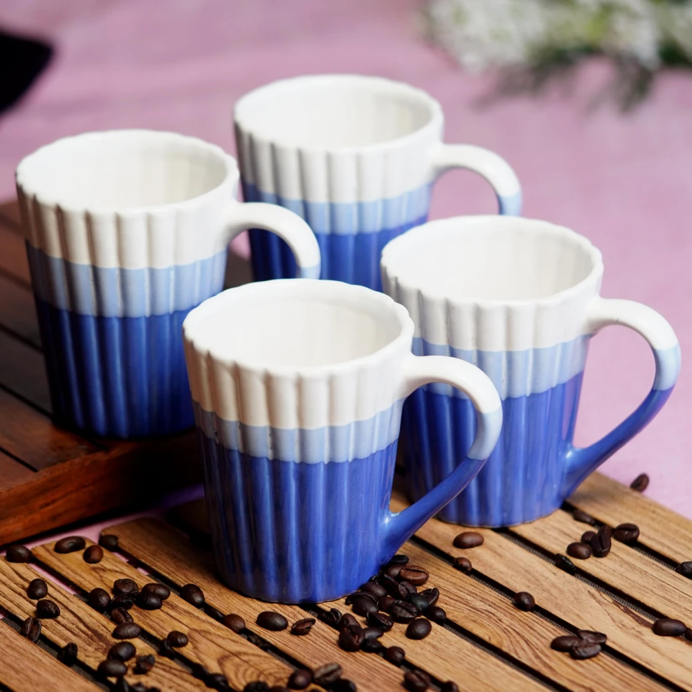 HOUSELA Tricolour Hand-Painted Serving Tea Cups Set Milk Mugs & Ceramic Coffee Mugs Set of 4 (300 ML, Microwave & Dishwasher Safe)