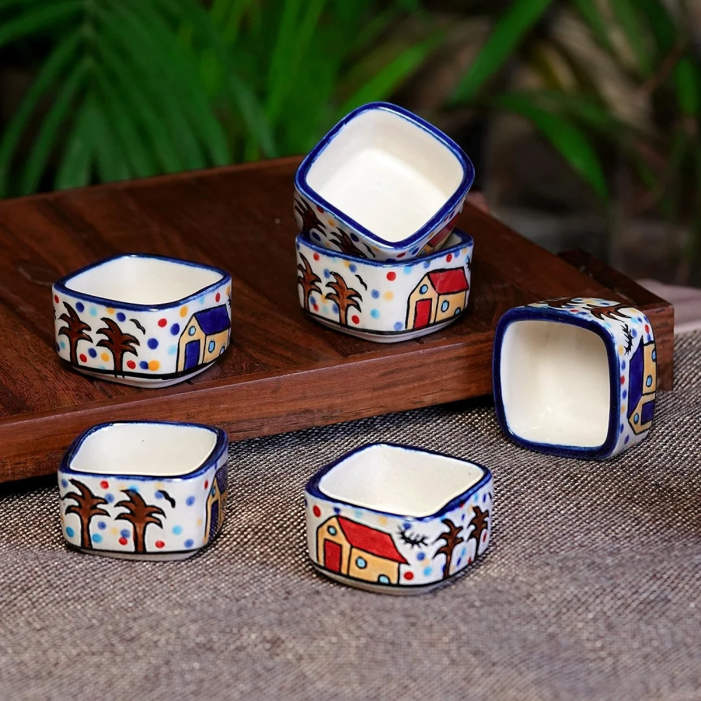 HOUSELA Handpainted Hut Ceramic Dip Bowl Chutney Bowl Pickle Bowl Sauce Serving Bowl (50 ML, Small, 6-Pieces, Multicolour, Cartoon Shape Square)