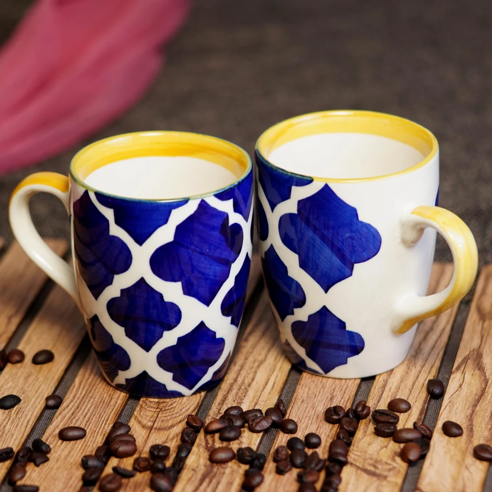 Rudrart Creation Hand-Painted Ceramic Handcrafted Umrao/Moroccan Handpainted Ceramic Coffee Mug (350 ml, Pack of 2)