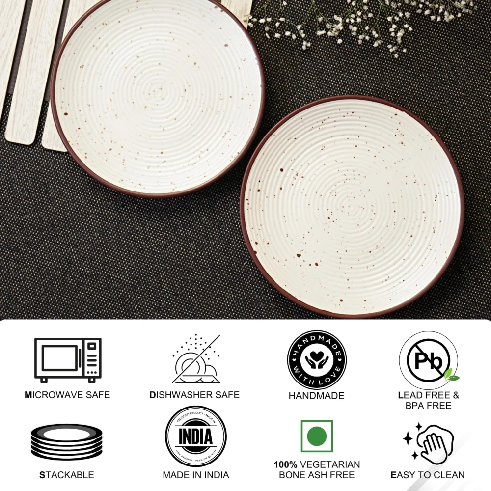 Cream Ribbed Stoneware Dinner Plates 10.3 Inch Set of 2 Pcs Ceramic Plates for Dinner | Microwave & Dishwasher Safe | Off White