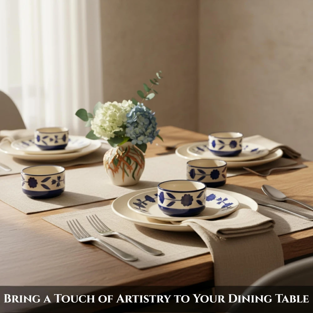 Rudrart Creation Handcrafted Ceramic Serving Bowl Set | Blue Floral Hand-Painted Bowls for Dining & Kitchen Use | Ideal for Serving Snacks, Soups | Microwave & Dishwasher Safe | (Set of 6)