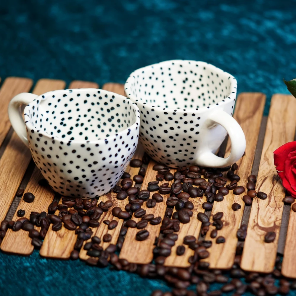 HOUSELA Small Dotted Hand-Painted Serving Tea Cups Set Milk Mugs & Ceramic Coffee Mugs Set of 2 (300 ML, Microwave & Dishwasher Safe)