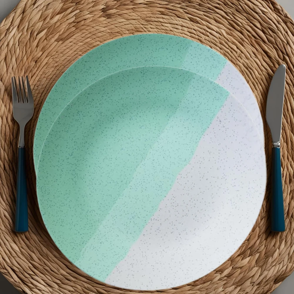 Set of 2 Modern Ceramic Dinner Plates – 10.6'' Speckled Stoneware Plates with Half Mint Green & White Design/Microwave & Dishwasher Safe