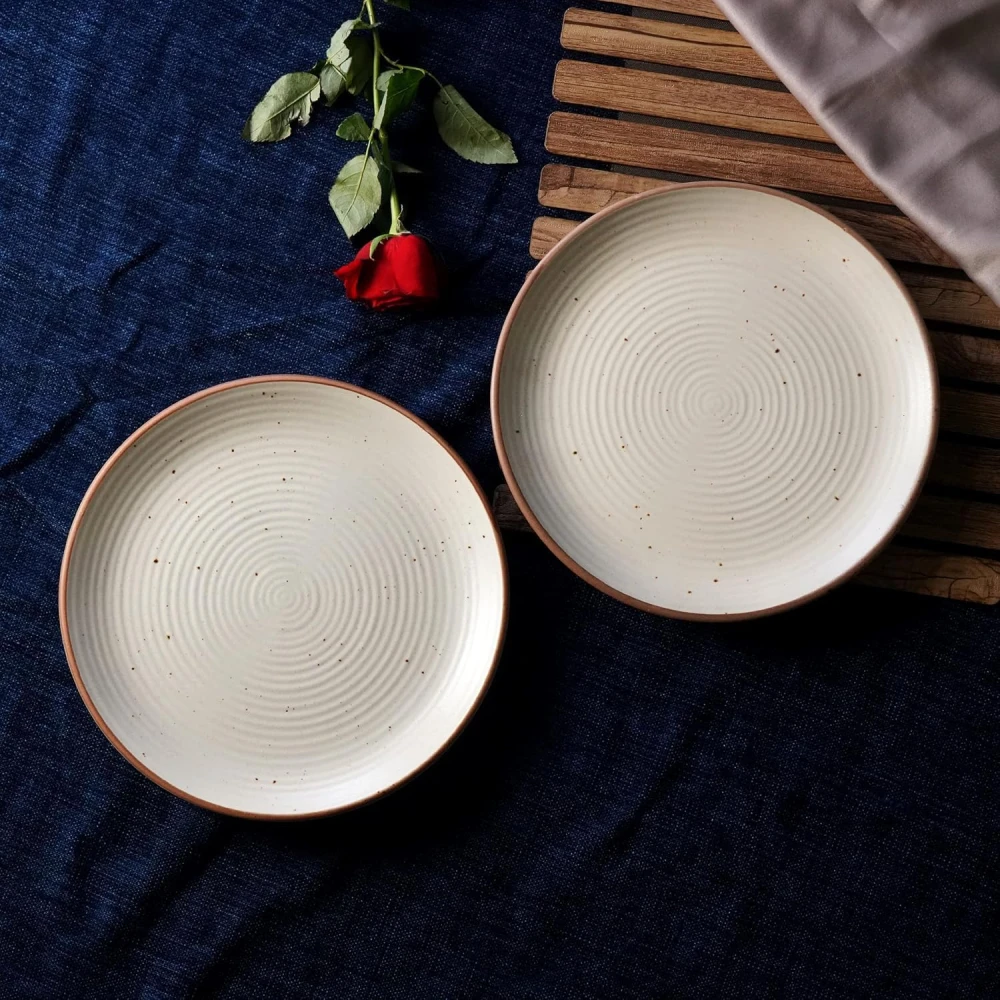 Housela Cream Ribbed Stoneware Dinner Plates 10.3 Inch Set of 2 Pcs Ceramic Plates for Dinner | Microwave & Dishwasher Safe | Off White