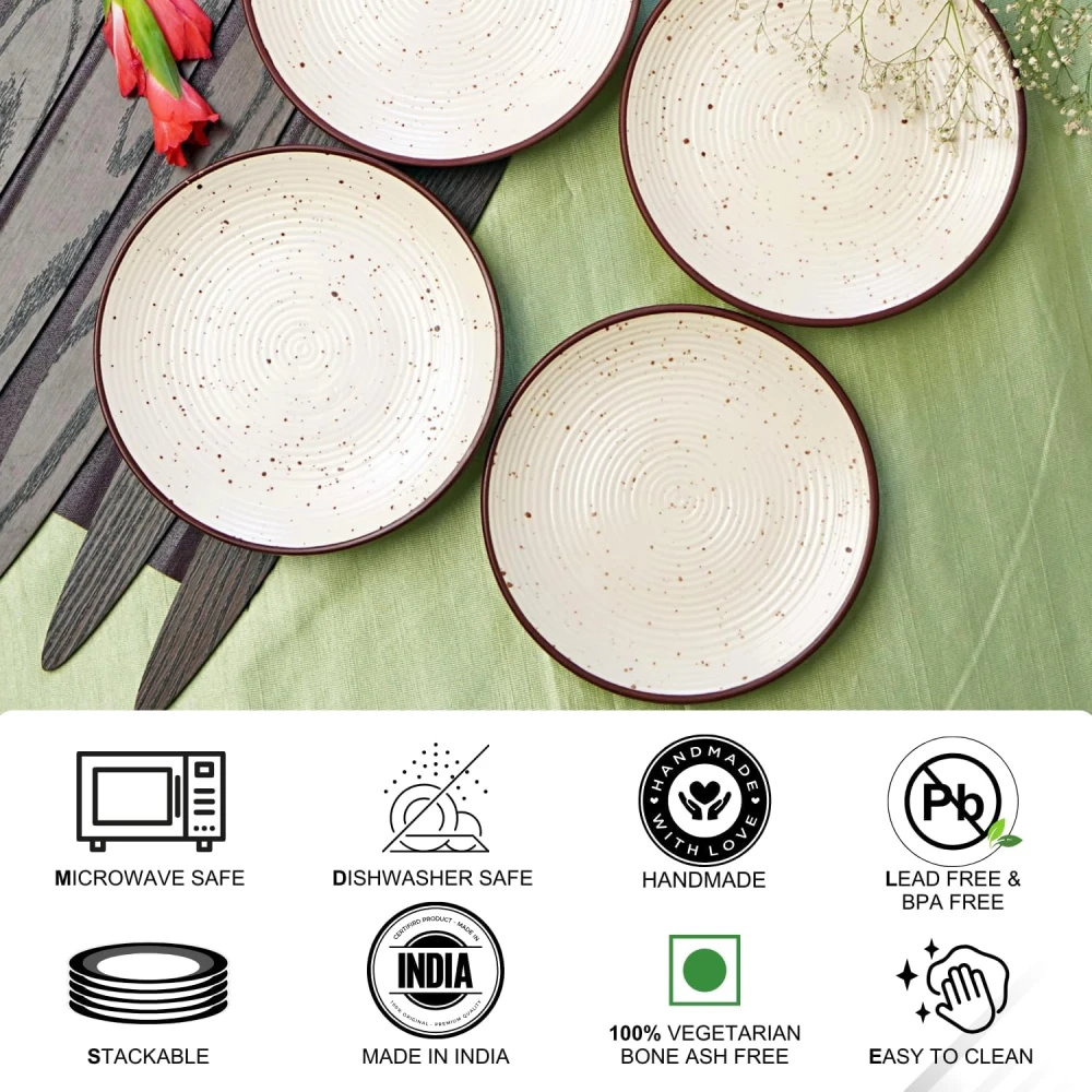 HOUSELA Stoneware Ceramic Dinner Plates Set of 4 (10.3 Inch) | Off White Ribbed Design Plates | Microwave & Dishwasher Safe | Tableware Set for Dining Table