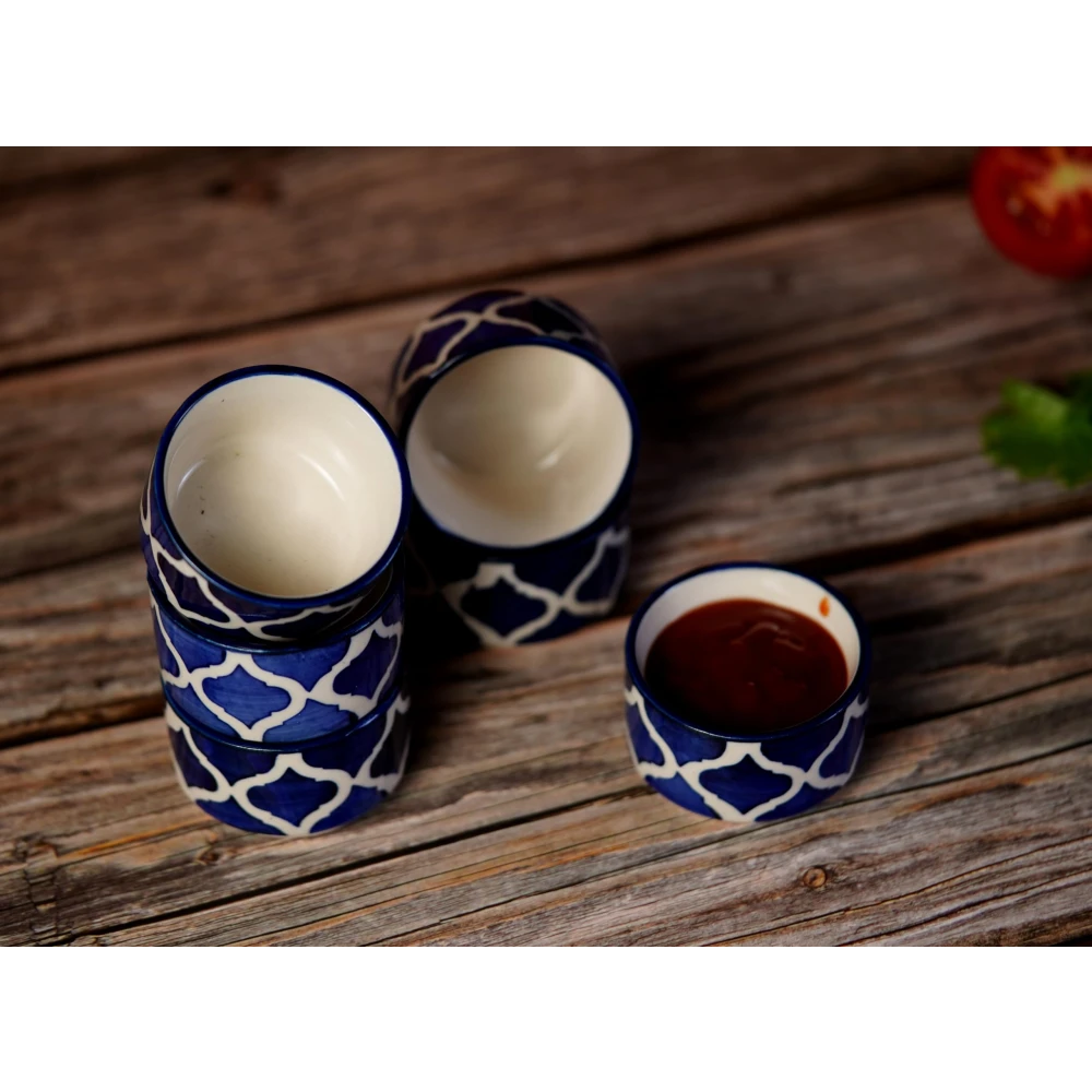 HOUSELA Handpainted Moroccan/Umrao Pattern Ceramic Dip Bowl/Chutney Bowl/Pickle Bowl/Sauce Bowl/Small Katori Set in Round Shape (40 ML, Small, Set of 6 (Blue & White)