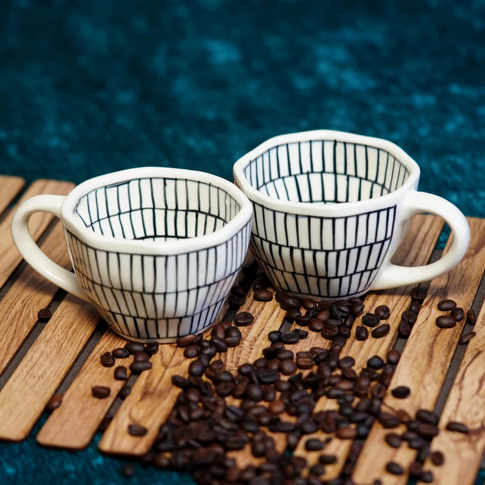 HOUSELA Lineing Hand - Painted Serving Tea Cups Set Milk Mugs & Ceramic Coffee Mugs Set of 2 (300 ML, Microwave & Dishwasher Safe)