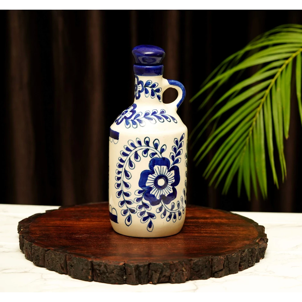 HOUSELA Ceramic Blue Floral Art 1000 ml Oil Dispenser for Kitchen, Oil Bottle, Oil Sprayer, Vinegar Bottle,/100% Food & Microwave Safe| Ideal Gifting and for kitchen