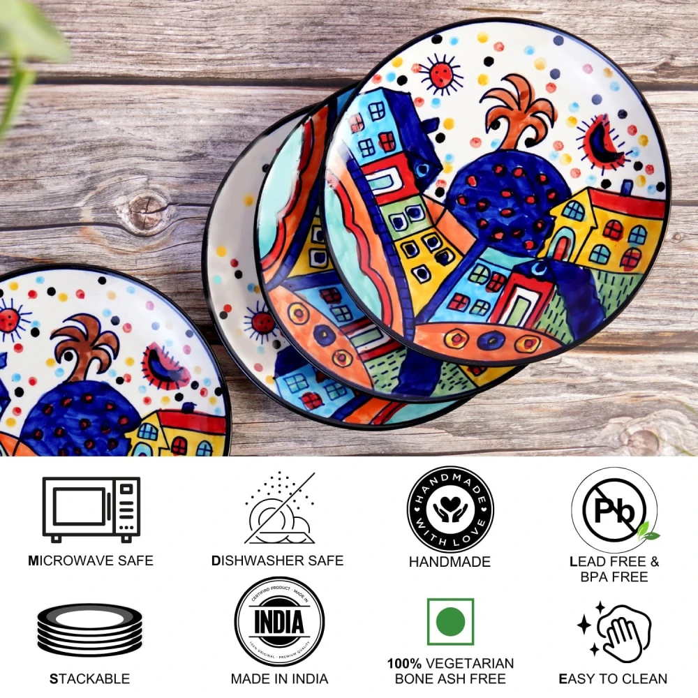 HOUSELA Hut-Handcrafted Hut Dining Quarter Plates Pair Handpainted Ceramic Dinner Plates (7 Inches, 4 Pieces, Microwave & Dishwasher Safe)-Multicolor