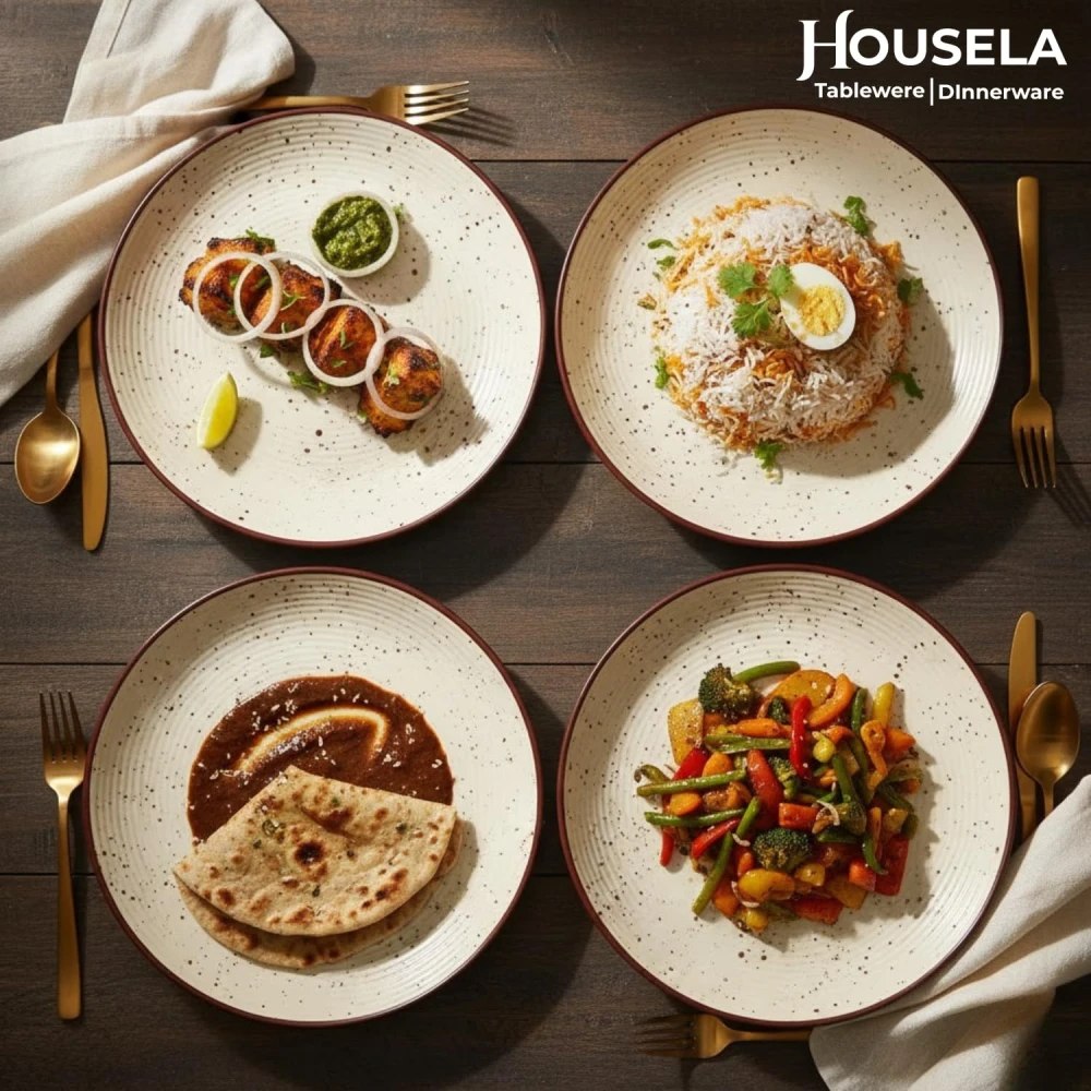 HOUSELA Stoneware Ceramic Dinner Plates Set of 4 (10.3 Inch) | Off White Ribbed Design Plates | Microwave & Dishwasher Safe | Tableware Set for Dining Table