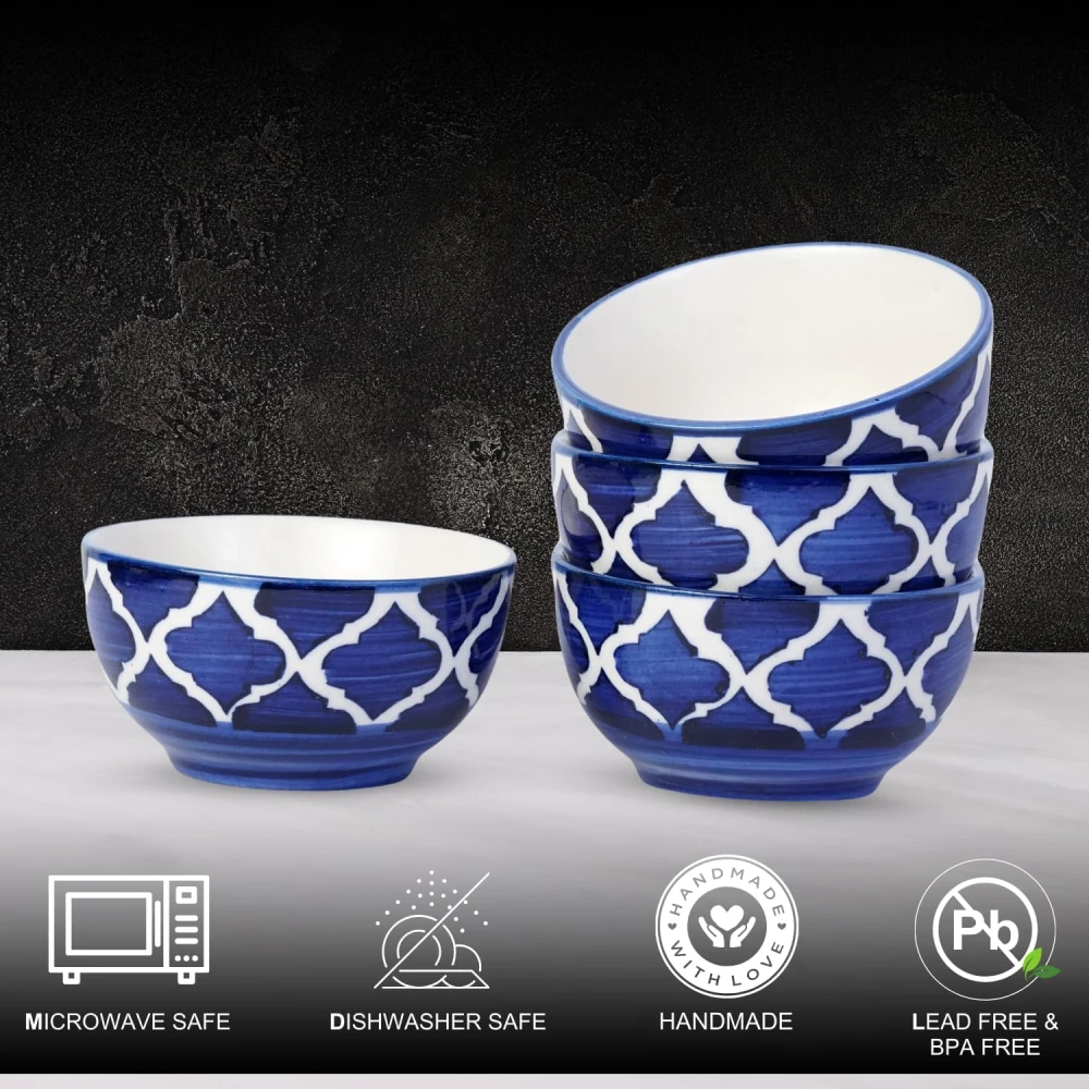 HOUSELA Creations Hand-Painted Umrao-Moroccan Design Bowls Set | Perfect for Serving Snacks, Rice, Dal, Fruits, Salad | BPA & Lead-Free Ceramic Dinner Bowls for Safe bowl sets