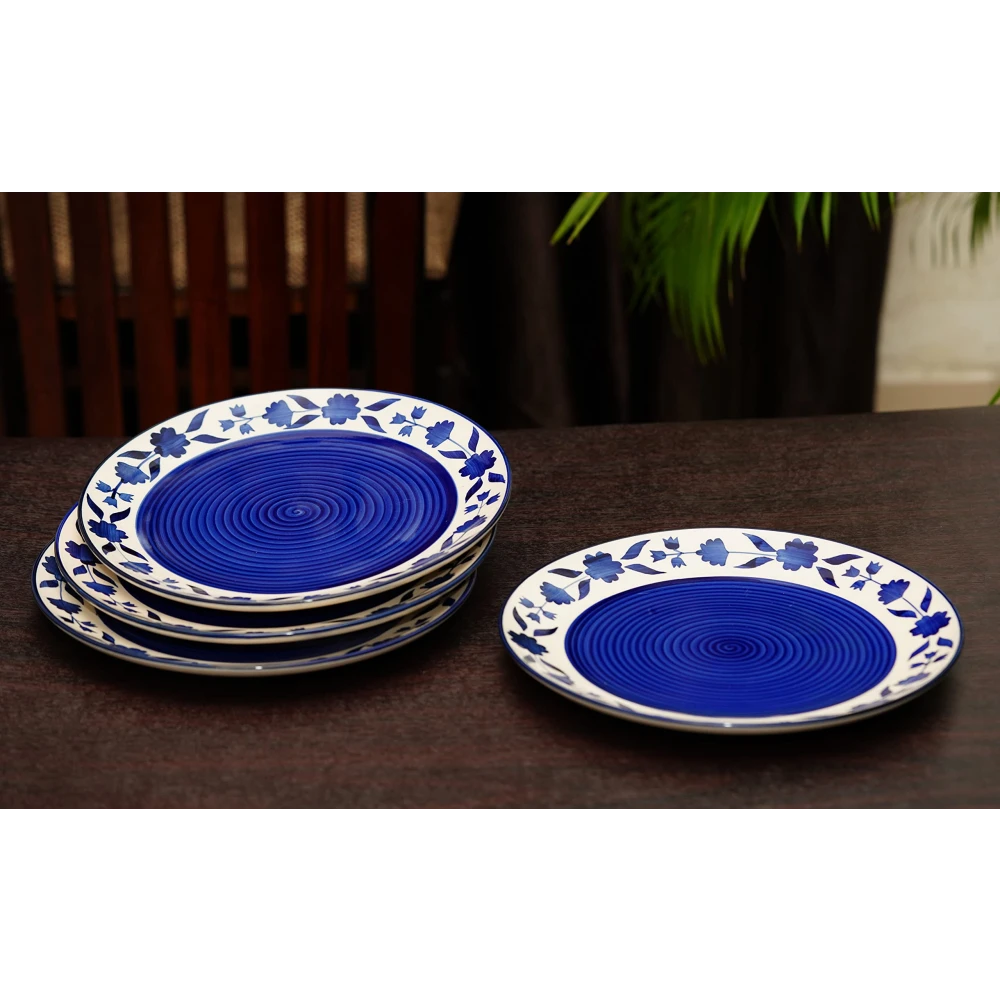 HOUSELA Floral 'Blue and White Plate Pair' Handpainted Plates in Ceramic 10 Inches, Set of 4, Dishwasher & Microwave Safe