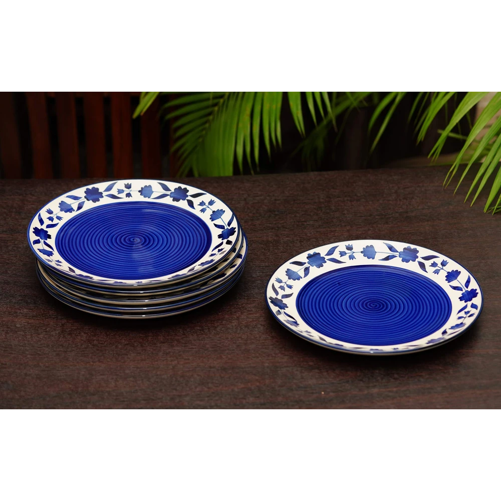 HOUSELA Floral 'Blue and White Plate Pair' Handpainted Plates in Ceramic 10 Inches, Set of 6, Dishwasher & Microwave Safe