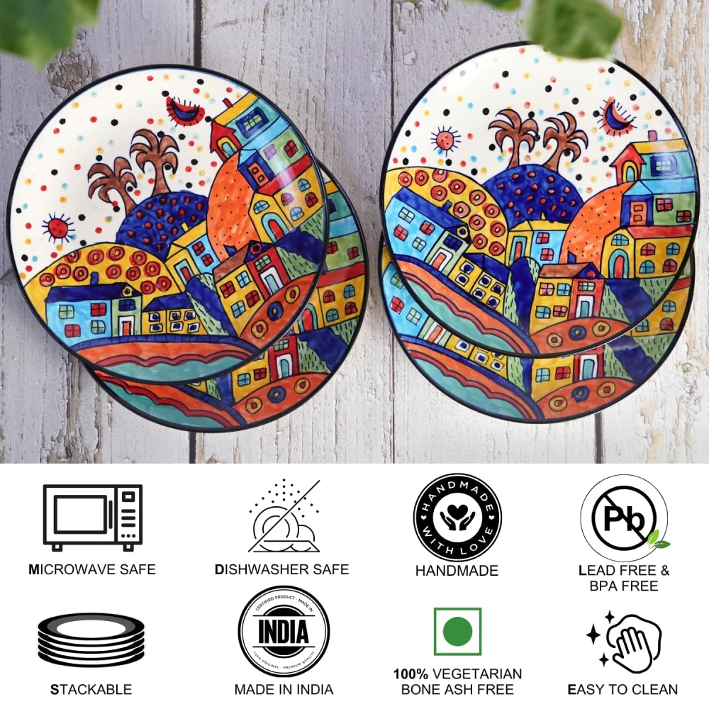 HOUSELA Hut Dining Hand-Painted Stoneware Premium Ceramic 10-inch Dinner Plate Set of 6 Pcs | Bone Ash Free | Microwave and Dishwasher Safe - Multicolor