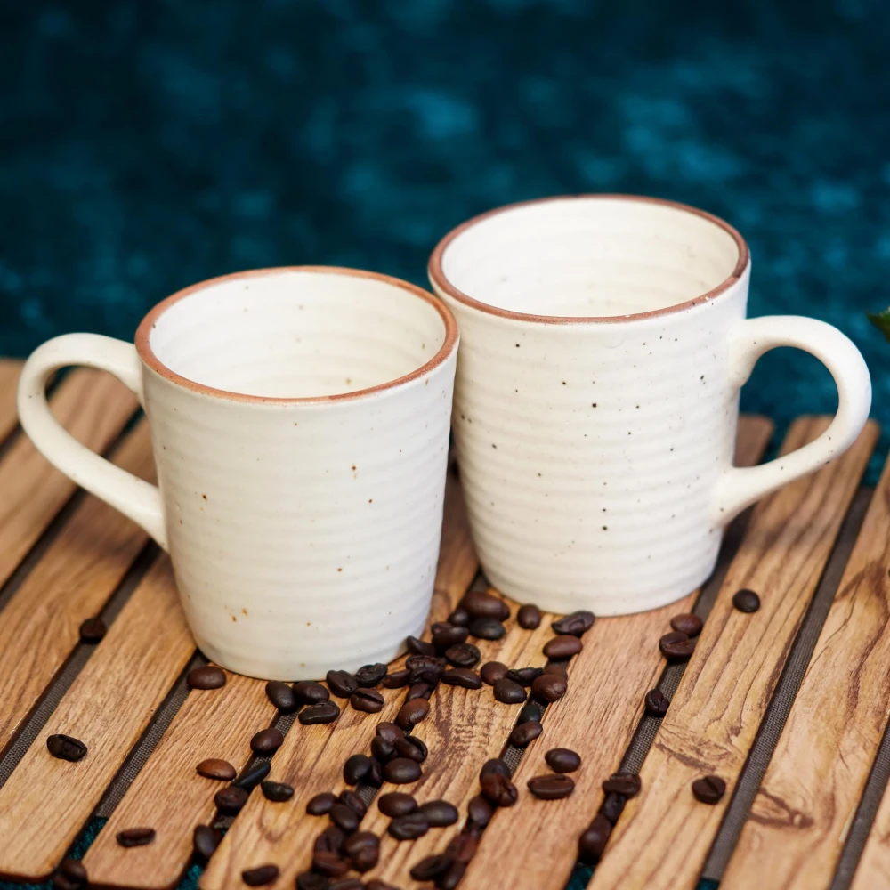 HOUSELA Matty White Hand-Painted Serving Tea Cups Set Milk Mugs & Ceramic Coffee Mugs Set of 2 (270 ML, Microwave & Dishwasher Safe)