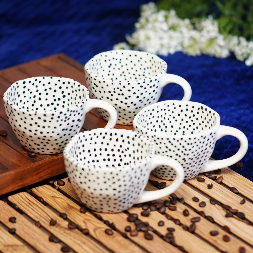 HOUSELA Small Dotted Hand-Painted Serving Tea Cups Set Milk Mugs & Ceramic Coffee Mugs Set of 4 (300 ML, Microwave & Dishwasher Safe)