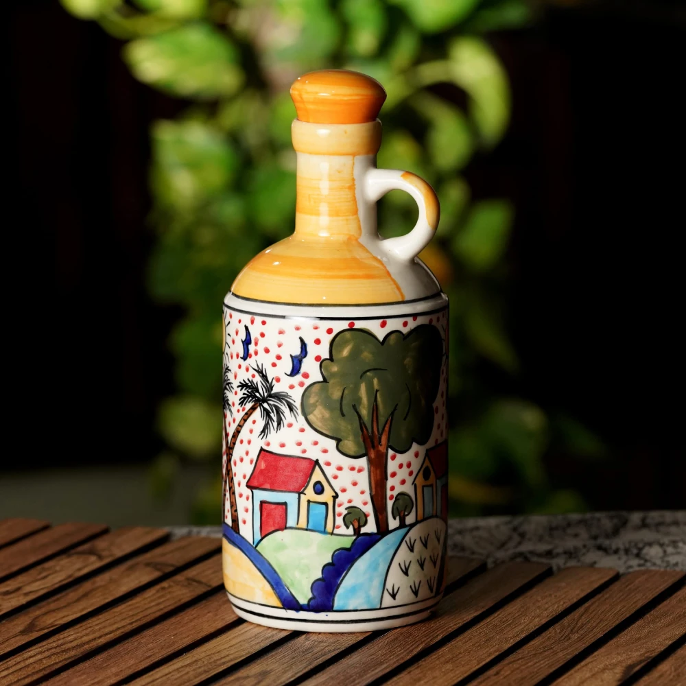 HOUSELA Ceramic Hut-Painted 1000 Ml Oil Dispenser for Kitchen, Oil Bottle,Oil Sprayer, Vinegar Bottle for Kitchen Storage/100% Food & Microwave Safe