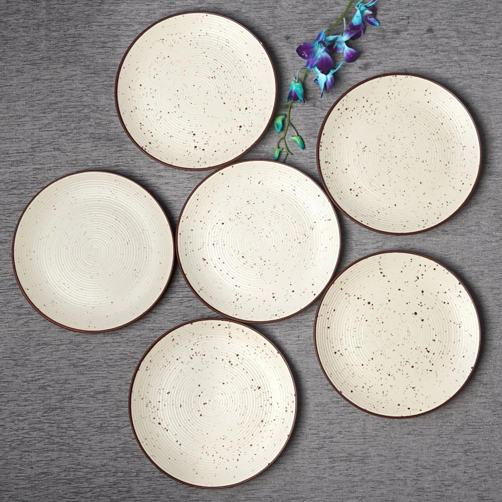 HOUSELA Cream Ribbed Stoneware Dinner Plates 10.6 Inch Set of 6 Pcs Ceramic Plates for Dinner | Microwave & Dishwasher Safe | Off White
