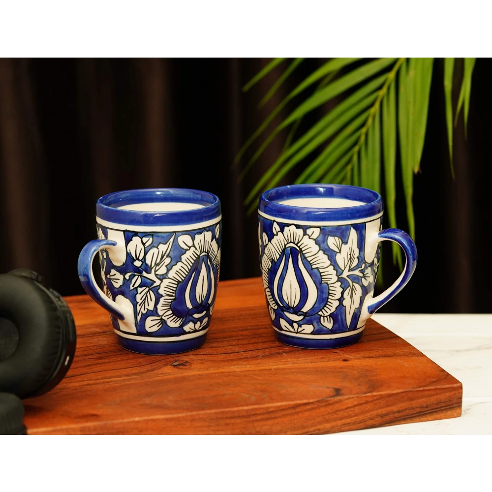 HOUSELA Mugalart Hand-Painted Serving Tea Cups Set Milk Mugs & Ceramic Coffee Mugs Set of 2 (270 ML, Microwave & Dishwasher Safe)