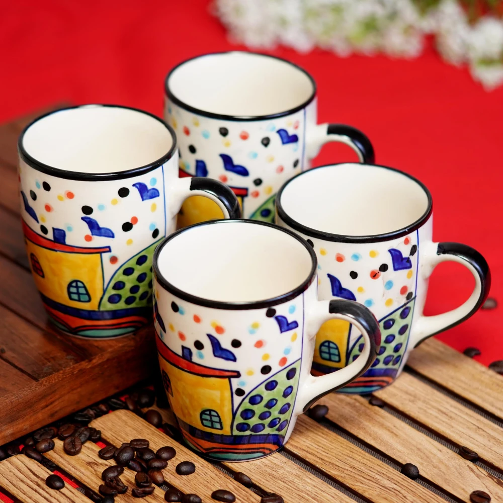 Hut Hand-Painted Serving Tea Cups Set Milk Mugs & Ceramic Coffee Mugs Set of 4 (270 ML, Microwave & Dishwasher Safe)